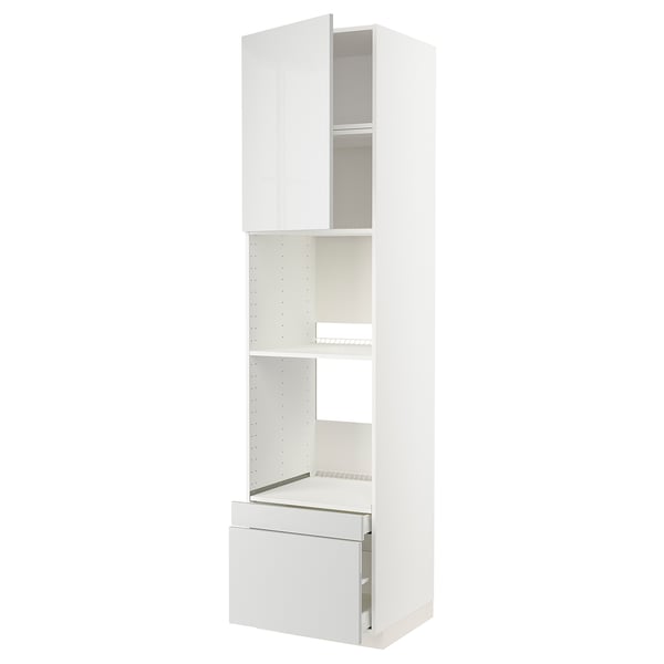 A METOD kitchen cabinet in white with high gloss grey fronts and an open drawer.