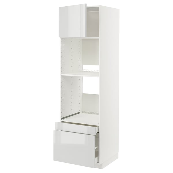 White METOD kitchen unit, high cabinet with drawer, glossy finish, modern design.
