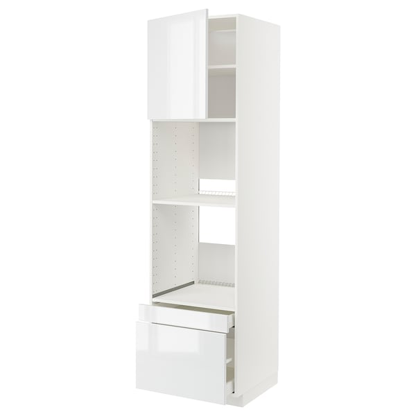 White high gloss METOD kitchen unit with shelves and drawers.