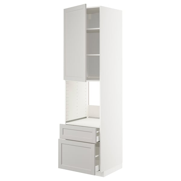 White METOD kitchen unit with light grey lerhytte front, bevelled edges, multiple shelves, and two drawers.