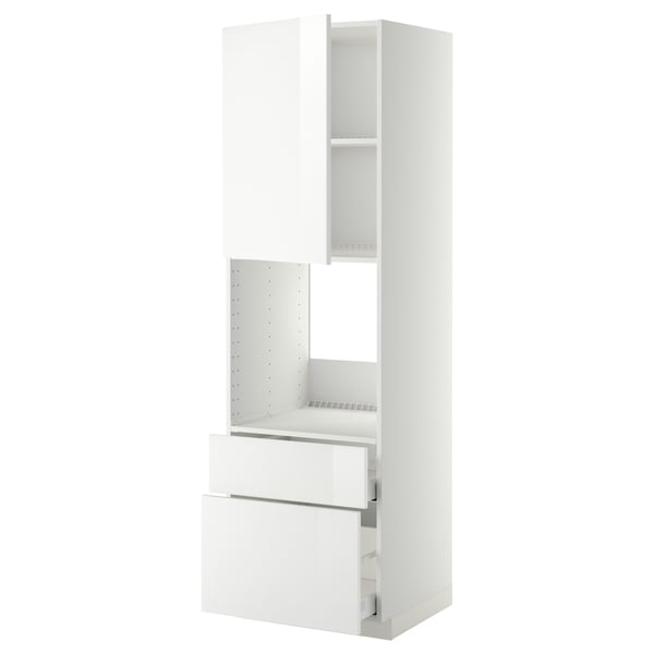 A white, modern kitchen cabinet. It a tall unit with high-gloss fronts, two drawers, and adjustable shelves. Its sleek and designed for easy cleaning.