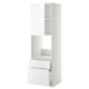 A white, modern kitchen cabinet. It a tall unit with high-gloss fronts, two drawers, and adjustable shelves. Its sleek and designed for easy cleaning.