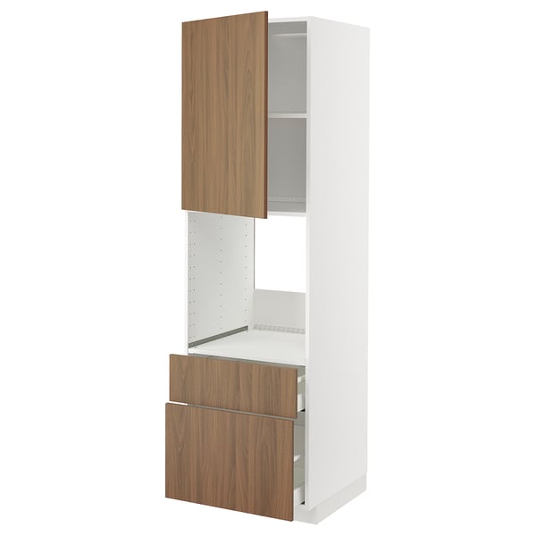Modern white kitchen cabinet with wooden drawers and open shelf. Tall, rectangular, sleek and minimalist design.