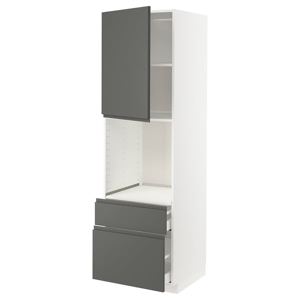 A modern white and dark grey kitchen cabinet with a door and two drawers. It integrated handles and a sleek design.