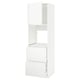 This image shows a white METOD kitchen cabinet system by ikea. It a tall unit with shelves and drawers for storage.
