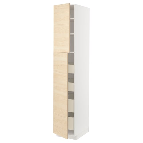 METOD kitchen cabinet in white with light ash wood door, tall and slim, partially open.