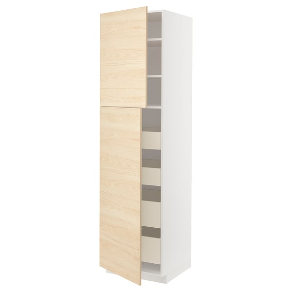 METOD kitchen cabinet, light ash wood, tall, rectangular, two doors, white frame, modern design.