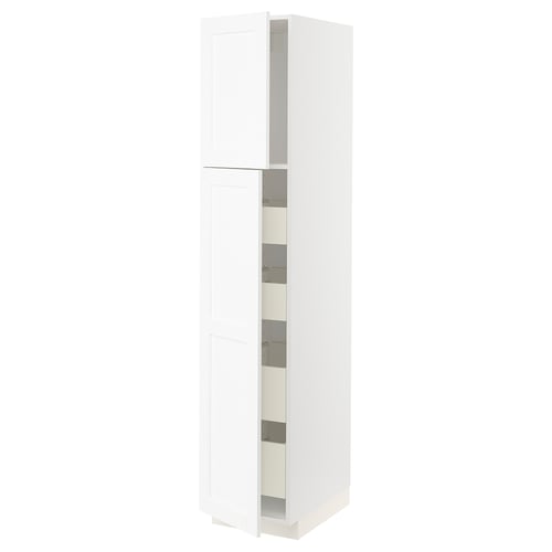 White METOD kitchen cabinet with grain texture, tall with open drawer.