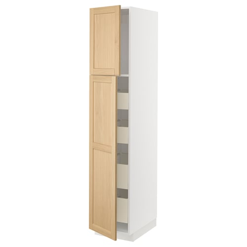 METOD kitchen cabinet with light wooden doors, white frame, tall, two doors, one shelf visible, modern classic design.