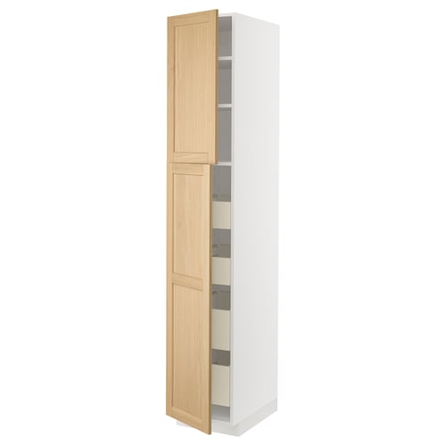 White tall kitchen cabinet with light wood doors and shelves.