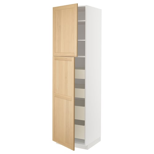 Modern kitchen cabinet with light oak doors, white frame, multiple shelves, and drawers.