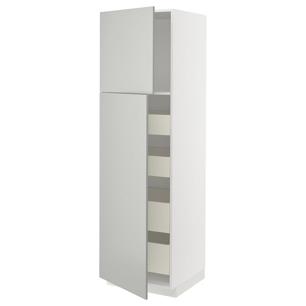 Modern white tall cabinet with double doors, five shelves, sleek design.