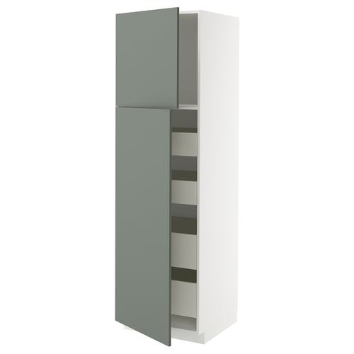Modern tall kitchen cabinet with light green doors, two shelves, and a sleek design.