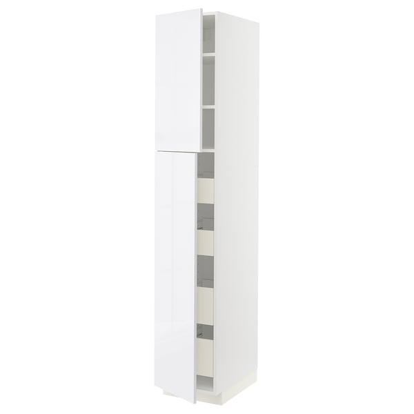 White high gloss kitchen cabinet with modern design and multiple shelves.