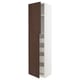 A tall white cabinet with dark brown wooden doors, featuring a sleek and modern design with silver handles.