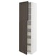 Modern tall white cabinet with dark brown wooden doors, featuring shelves inside. Elegant and practical kitchen storage.