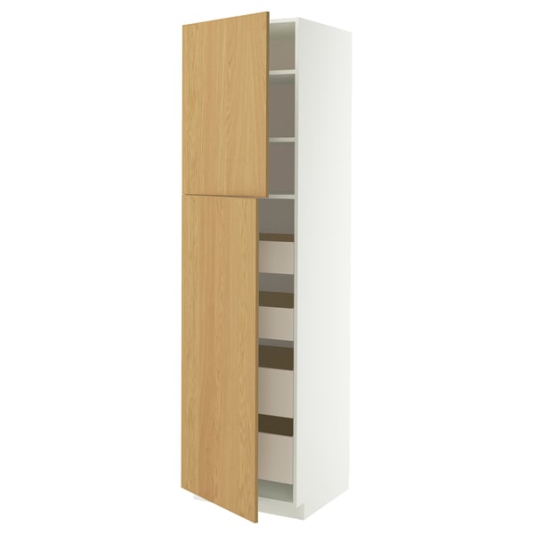 METOD / MAXIMERA Hi cab w 2 doors/4 drawers, white/Sinarp oak veneer, 60x60x220 cm