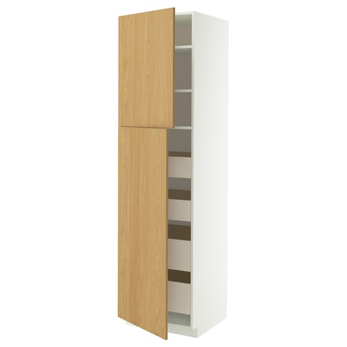METOD / MAXIMERA Hi cab w 2 doors/4 drawers, white/Sinarp oak veneer, 60x60x220 cm