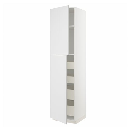 White METOD kitchen cabinet with two open doors revealing shelves.