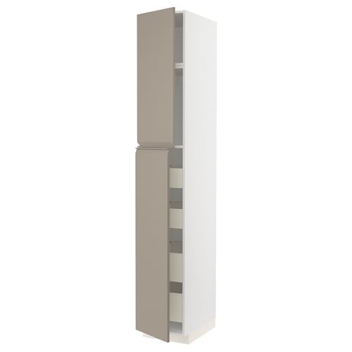 Height-adjustable light beige kitchen cabinet with 2 doors and gray handles, modern design with metallic and plastic materials.