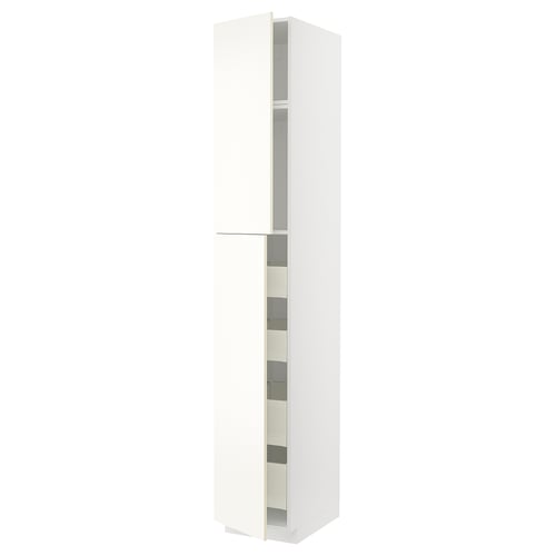 White METOD kitchen cabinet with vallstena fronts, tall, modern design, sleek edges.