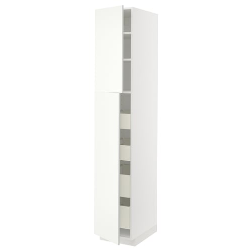 White METOD kitchen cabinet with glass doors, modern design, tall, storage.