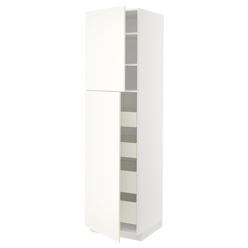 White METOD kitchen cabinet with vallstena fronts. Tall, rectangular, modern design, featuring adjustable shelves.