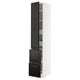 METOD kitchen cabinet. Tall, slim design. White exterior, black panels. Multiple shelves and drawers.