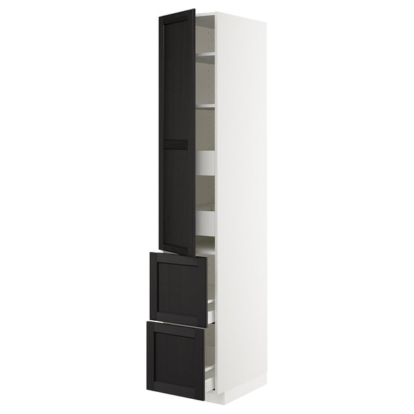 White and dark grey cabinet combo, slim and tall, with open shelves and drawers, modern design.