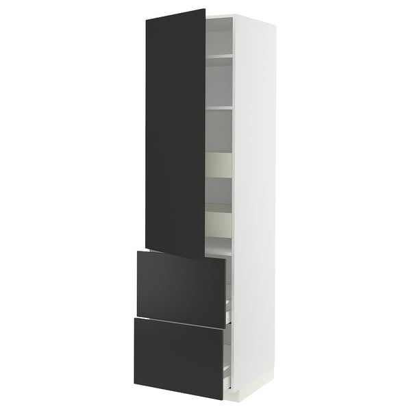 METOD kitchen unit, tall white cabinet with black drawers and glass door.