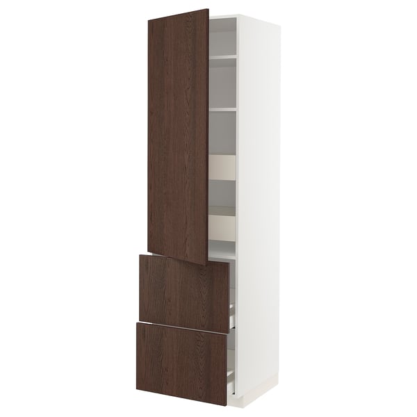 METOD kitchen unit in white with dark brown sinarp doors. Tall, rectangular shape with open shelves and drawers.