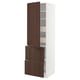 Modern white kitchen cabinet with dark brown doors & drawers, ample storage.