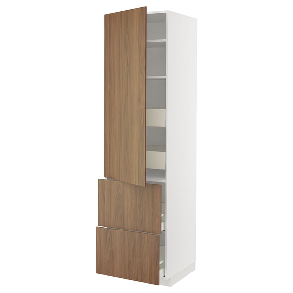 METOD kitchen cabinet with walnut front, tall unit, doors, shelves, drawers.