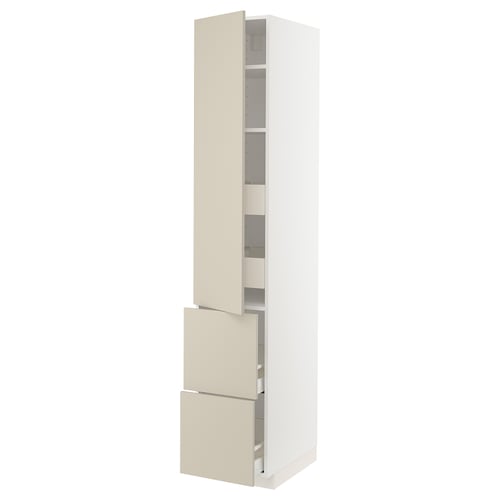 METOD kitchen unit. Tall, white with beige drawers, smooth, modern design.