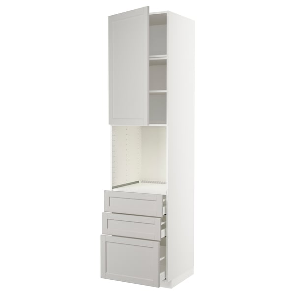White METOD kitchen cabinet with grey drawers, open door, and three drawers.
