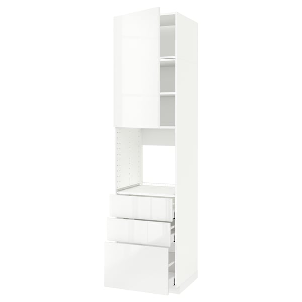 White high gloss kitchen cabinet with drawers and shelves.
