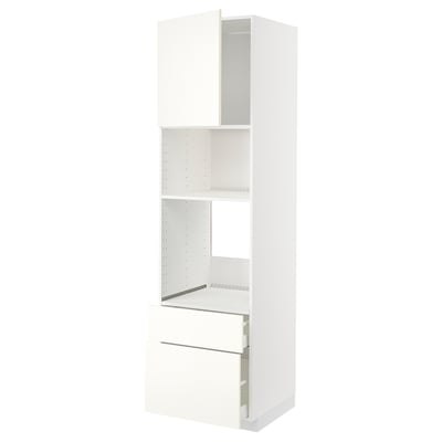 White METOD kitchen cabinet. Modern, tall, and open-backed design with adjustable shelf and drawers.