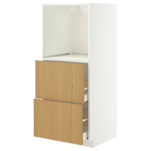 METOD / MAXIMERA High cabinet w 2 drawers for oven, white/Sinarp oak veneer, 60x60x140 cm