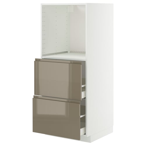 Modern kitchen unit, white gloss, dark grey-brown drawers with integrated handles.