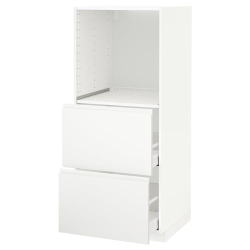 A white METOD kitchen cabinet set with minimalist design, featuring smooth drawer fronts and an adjustable shelf.