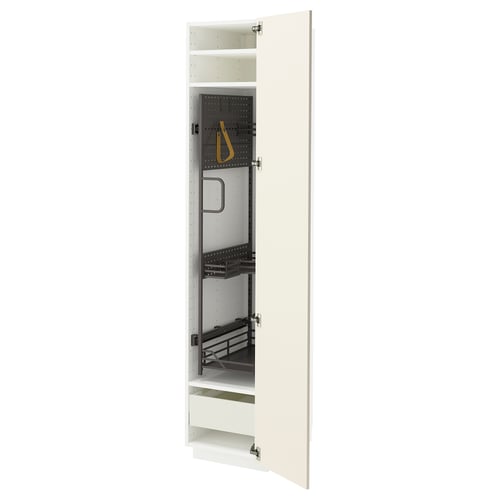 An open white METOD kitchen cabinet with a beveled edge design, featuring adjustable shelves, drawers, and a strap for hanging items.