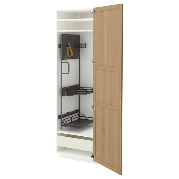 Open wooden METOD cabinet with pullout shelves and drawer.