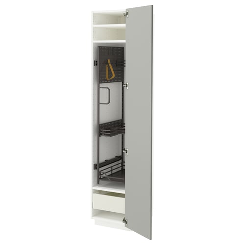 Modern grey kitchen cabinet with white shelves, black accessories, and steel hinges.