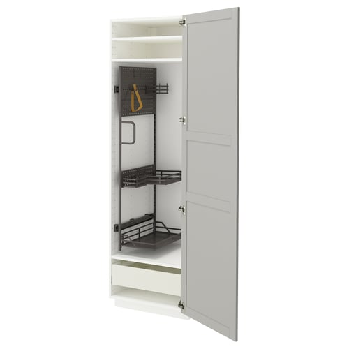 Image shows an open METOD kitchen cabinet with light grey lerhyttan doors, featuring pull-out shelves and adjustable compartments.