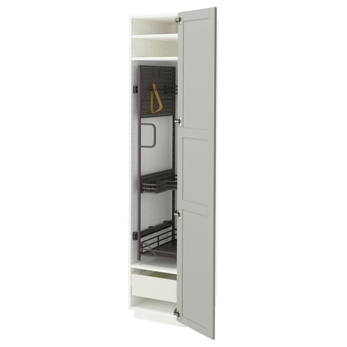 Open grey METOD kitchen cabinet, wood, rectangular, beveled edges, multiple shelves.