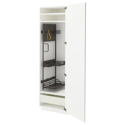 Open white kitchen cabinet with black metal shelves and drawers. Modern, minimalist design. Adjustable and removable, smooth-close drawers.