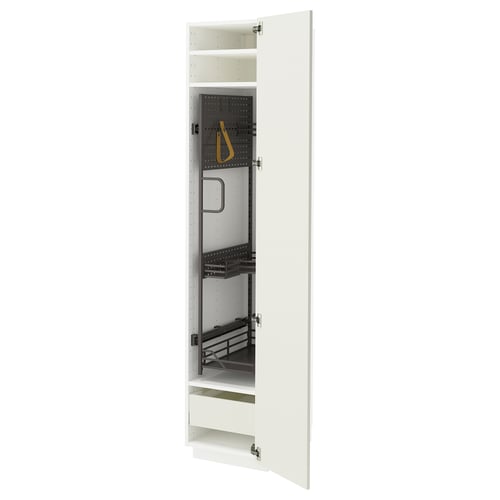 White METOD kitchen cabinets with smooth drawer and adjustable shelf.