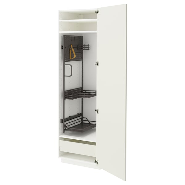 White METOD kitchen unit with pull-out shelves and drawers.