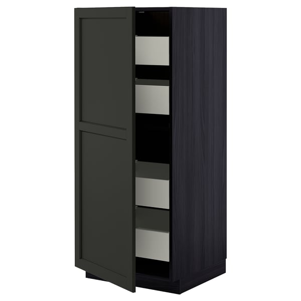 Black METOD kitchen cabinet with greyish wood grain, open showing drawers.