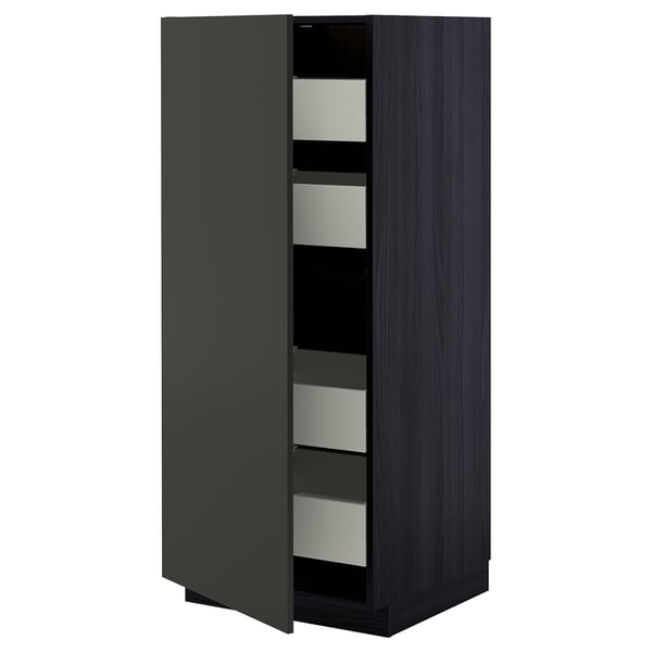 Modern black kitchen cabinet with six drawers, sleek design, sturdy construction.
